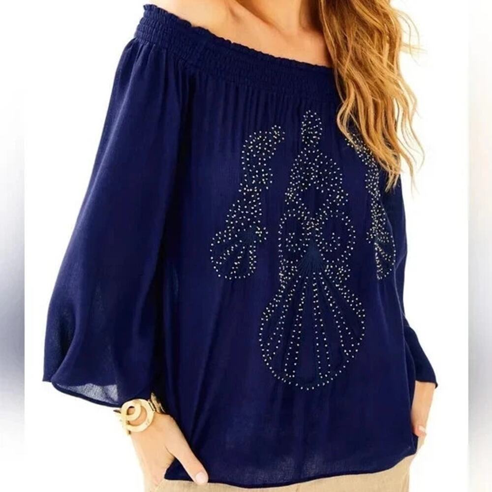 Lilly Pulitzer Nita Off The Shoulder Beaded Top XS True Navy Gauze Bell Sleeve